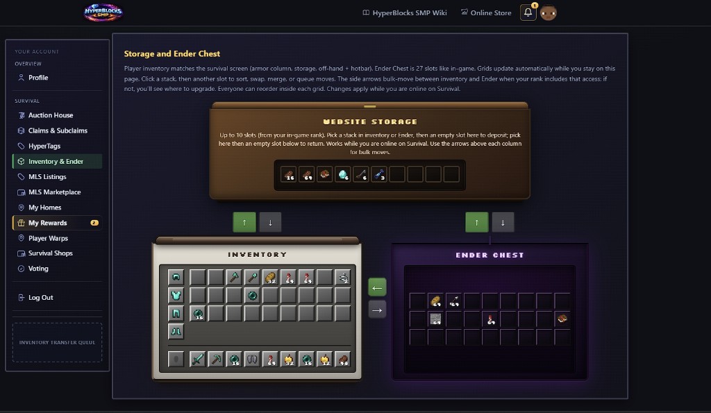 Account Inventory and Ender: website storage row, inventory, and Ender chest.