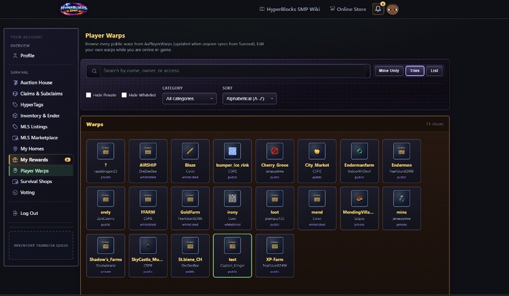 Account Player Warps: grid of warp tiles and filters.