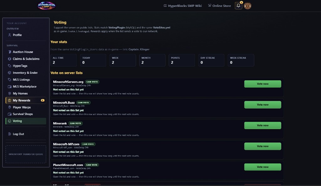 Account Voting: server lists and Vote now buttons.